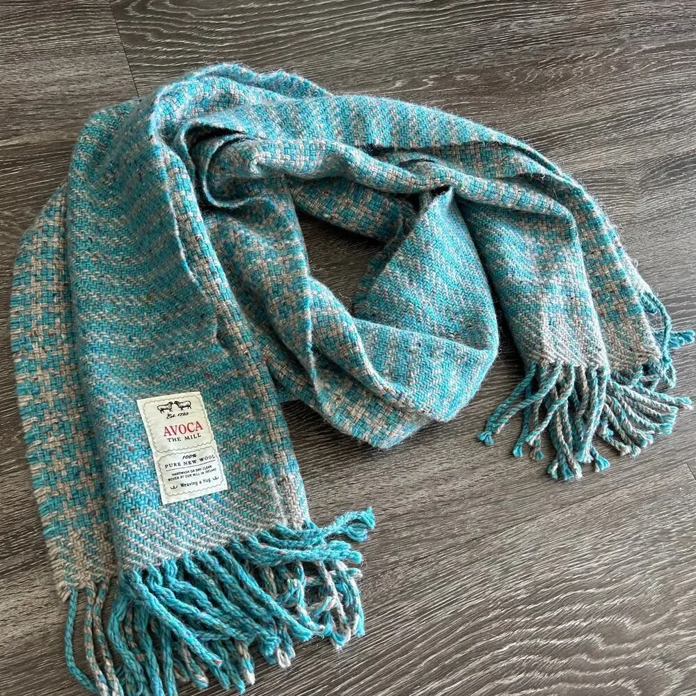 Avoca 100% Wool Blanket Scarf Aqua Blue Fringe Ireland Wrap Irish Wool